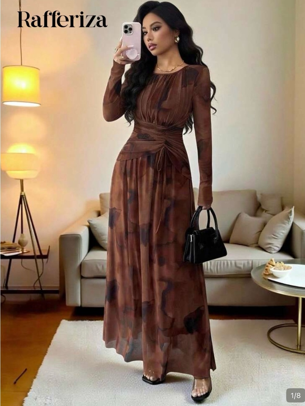 SHEIN Brown Marble-Print Long Sleeve Maxi Dress with Waist Tie